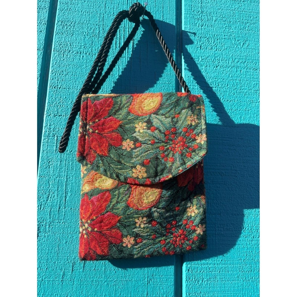 Toby Weston Vintage Tapestry Poinsettia Floral Crossbody Bag Holiday Christmas